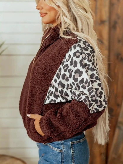 Leopard Patchwork Brown Fleece Zip Up Collar Jacket - Bitsy Gypsy Boutique