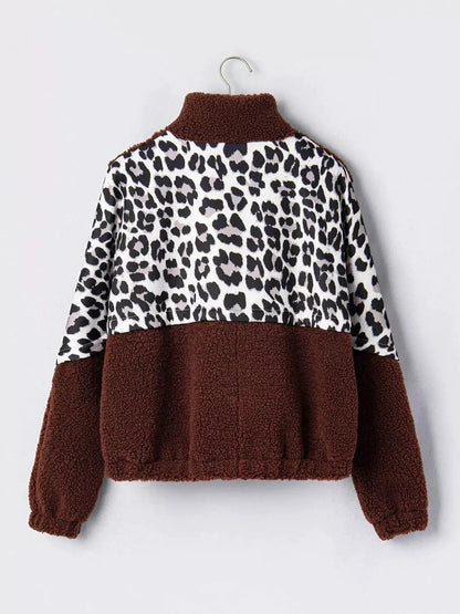 Leopard Patchwork Brown Fleece Zip Up Collar Jacket - Bitsy Gypsy Boutique
