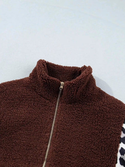 Leopard Patchwork Brown Fleece Zip Up Collar Jacket - Bitsy Gypsy Boutique