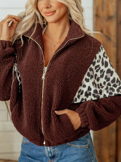 Leopard Patchwork Brown Fleece Zip Up Collar Jacket - Bitsy Gypsy Boutique