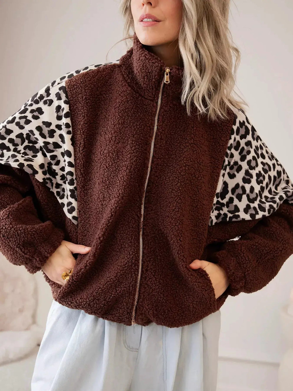 Leopard Patchwork Brown Fleece Zip Up Collar Jacket - Bitsy Gypsy Boutique