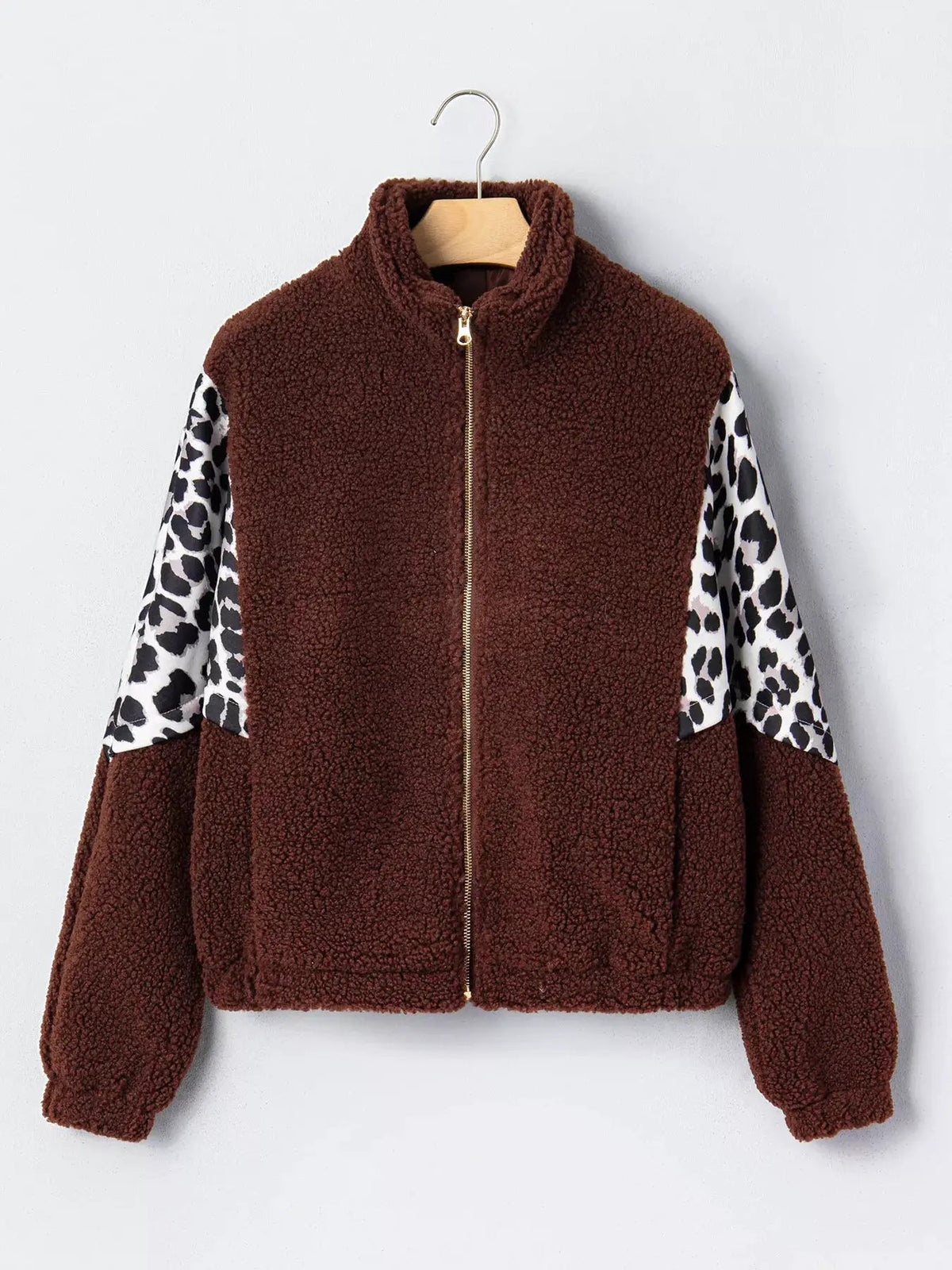 Leopard Patchwork Brown Fleece Zip Up Collar Jacket - Bitsy Gypsy Boutique