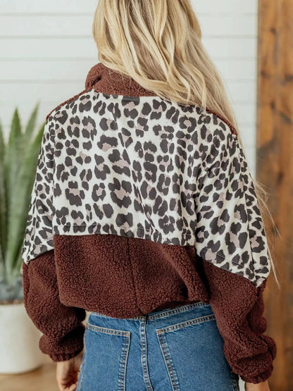Leopard Patchwork Brown Fleece Zip Up Collar Jacket - Bitsy Gypsy Boutique