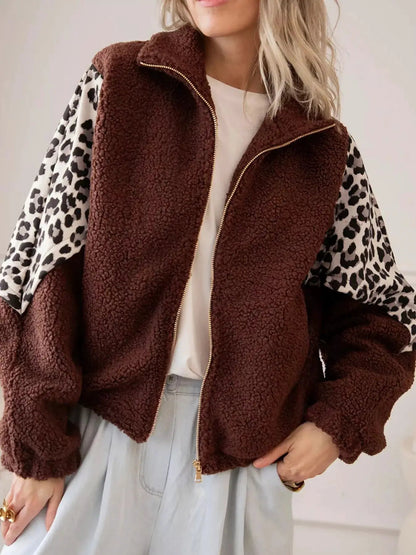 Leopard Patchwork Brown Fleece Zip Up Collar Jacket - Bitsy Gypsy Boutique