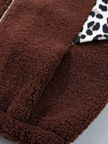 Leopard Patchwork Brown Fleece Zip Up Collar Jacket - Bitsy Gypsy Boutique