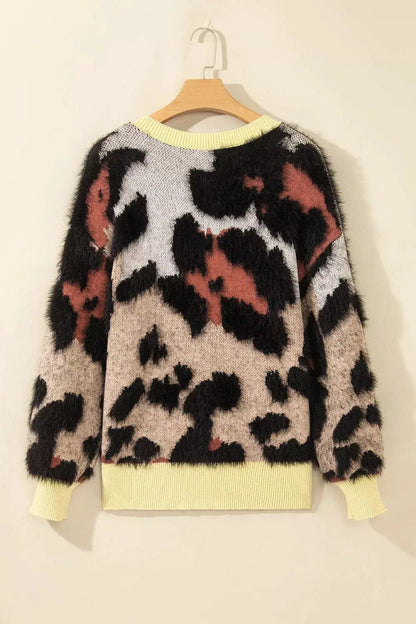 Leopard Print Drop Shoulder Long Sleeve Round Neck Sweater - Bitsy Gypsy Boutique