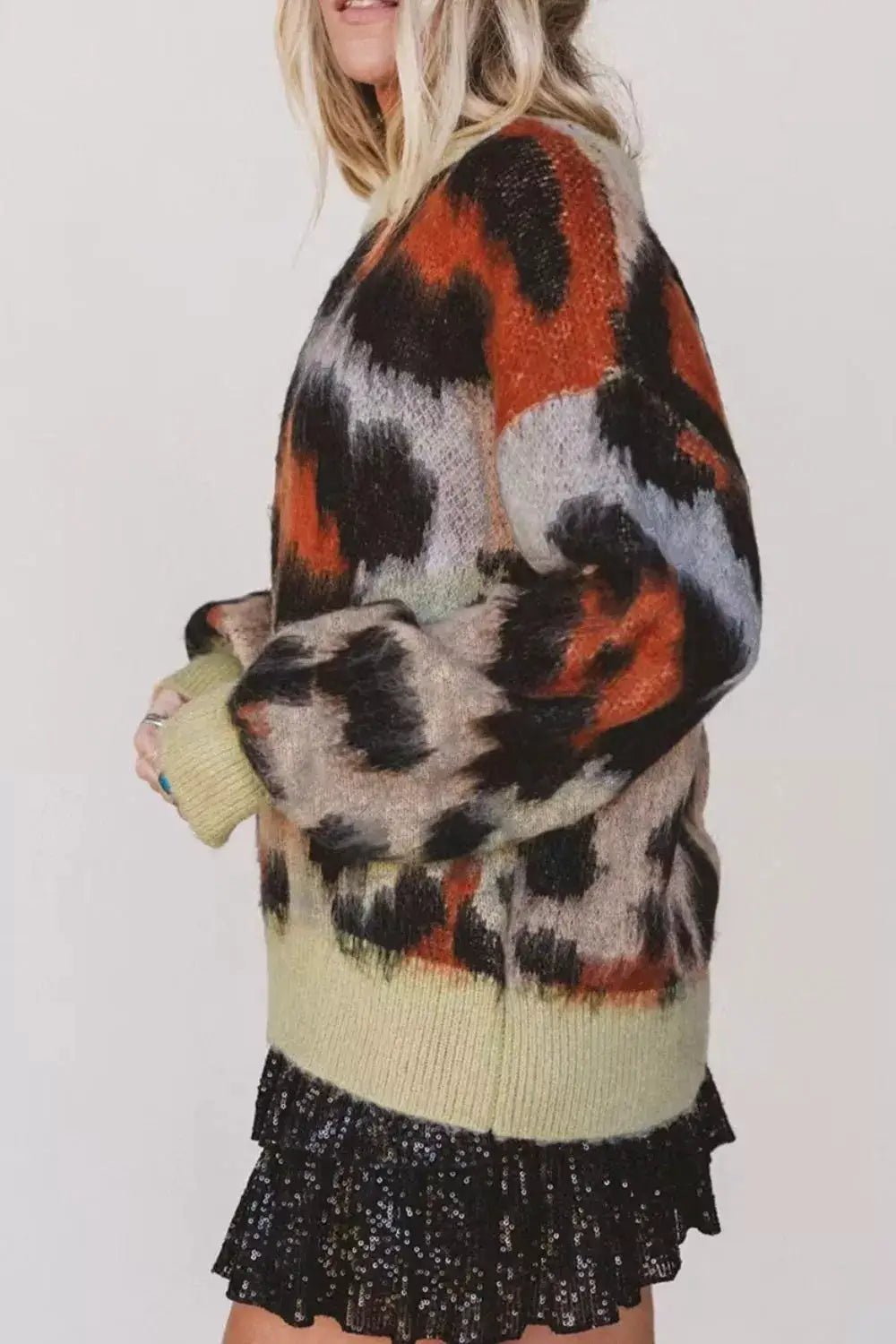 Leopard Print Drop Shoulder Long Sleeve Round Neck Sweater - Bitsy Gypsy Boutique