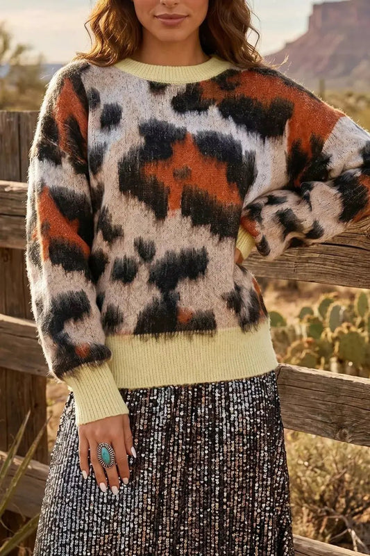 Leopard Print Drop Shoulder Long Sleeve Round Neck Sweater - Bitsy Gypsy Boutique