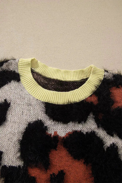 Leopard Print Drop Shoulder Long Sleeve Round Neck Sweater - Bitsy Gypsy Boutique