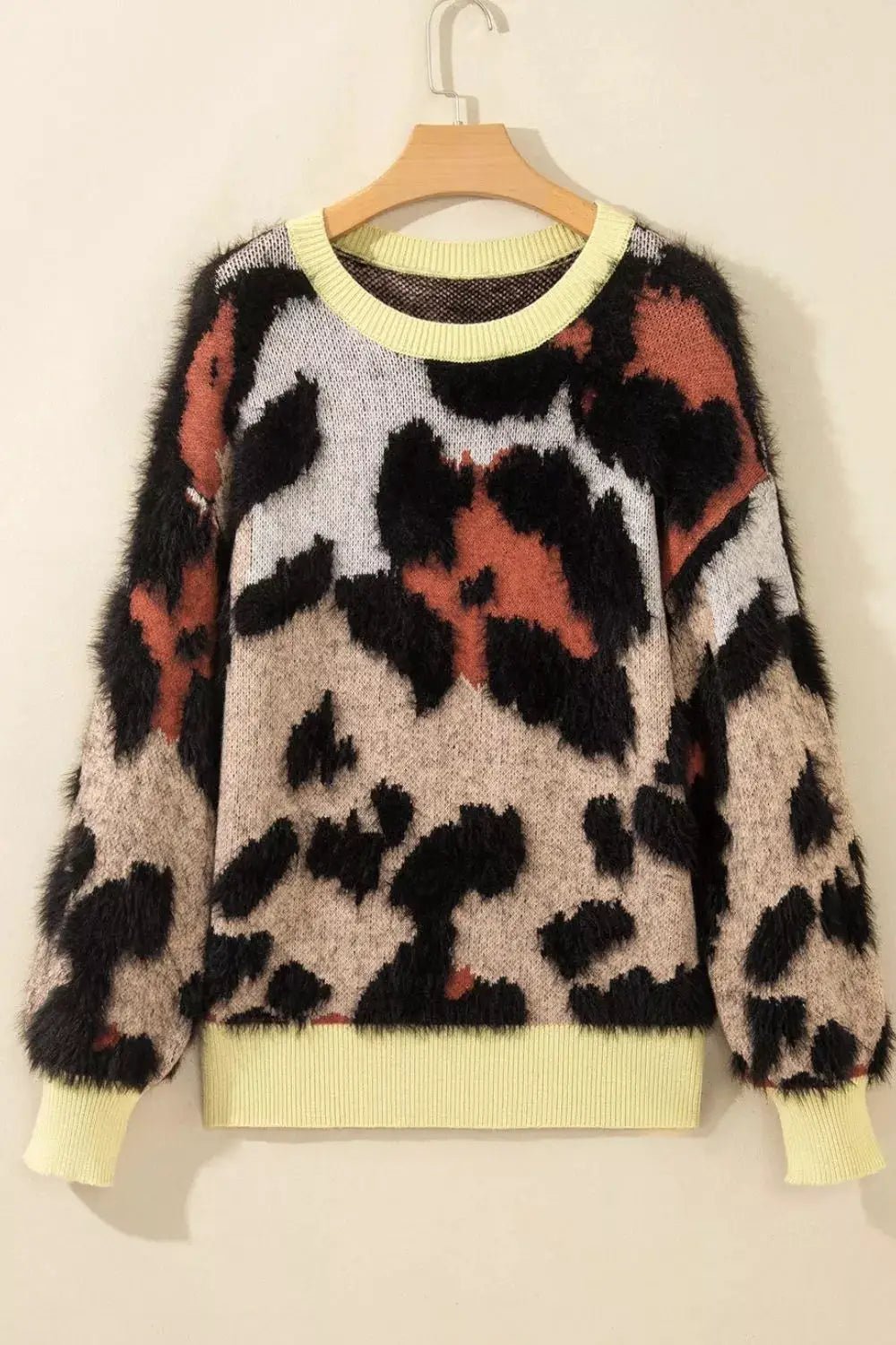 Leopard Print Drop Shoulder Long Sleeve Round Neck Sweater - Bitsy Gypsy Boutique