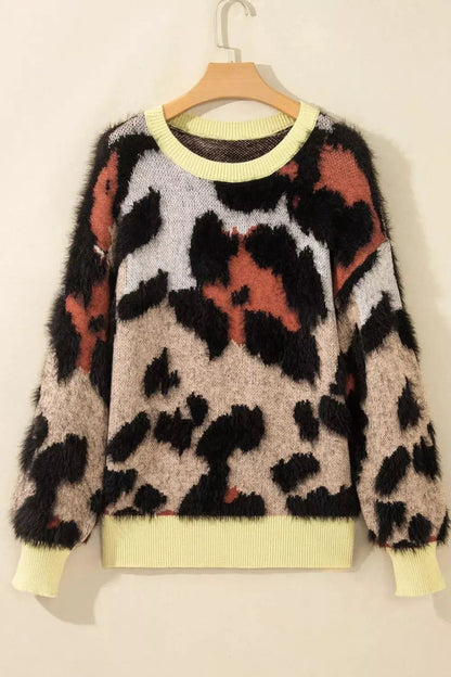 Leopard Print Drop Shoulder Long Sleeve Round Neck Sweater - Bitsy Gypsy Boutique