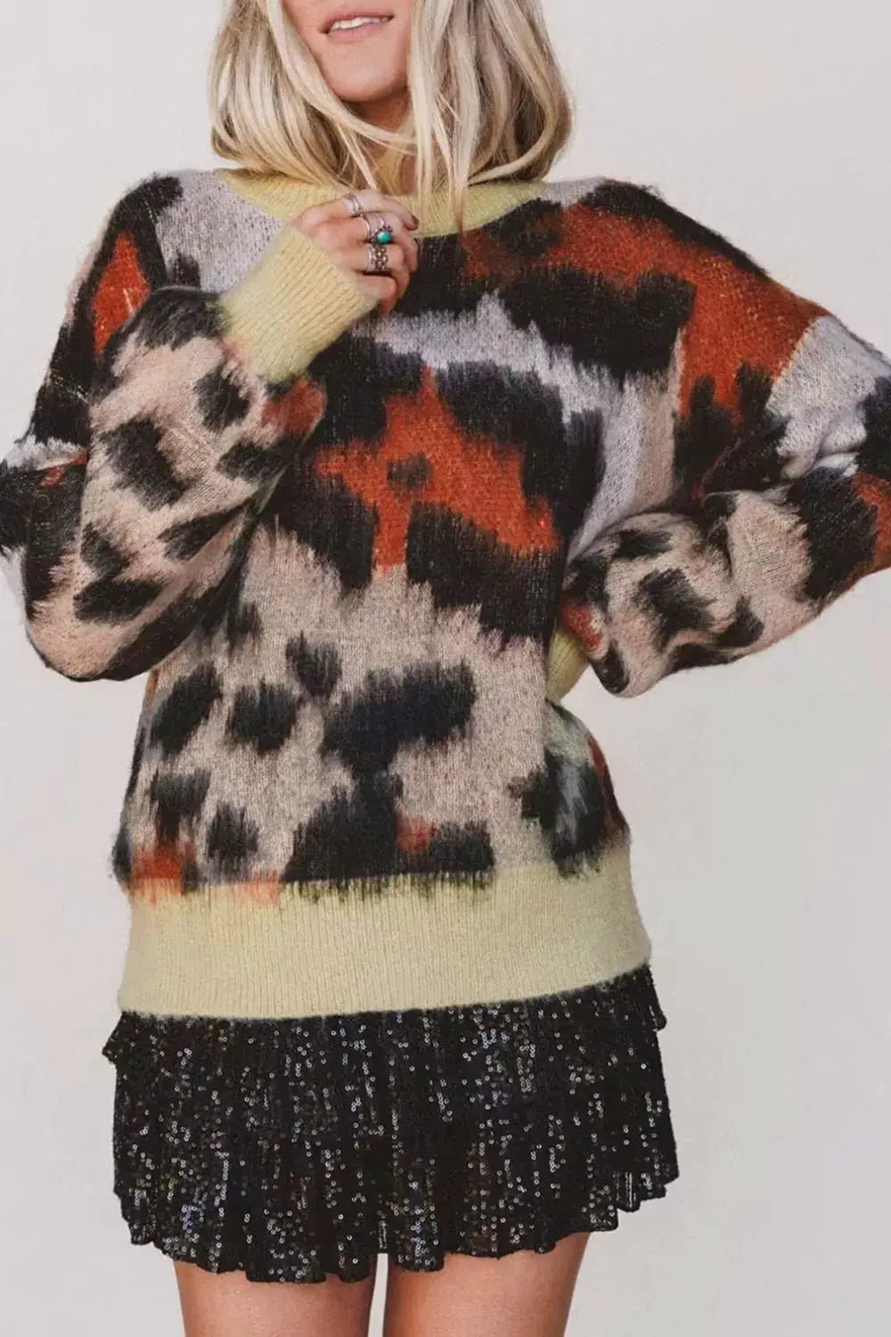 Leopard Print Drop Shoulder Long Sleeve Round Neck Sweater - Bitsy Gypsy Boutique