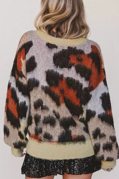 Leopard Print Drop Shoulder Long Sleeve Round Neck Sweater - Bitsy Gypsy Boutique