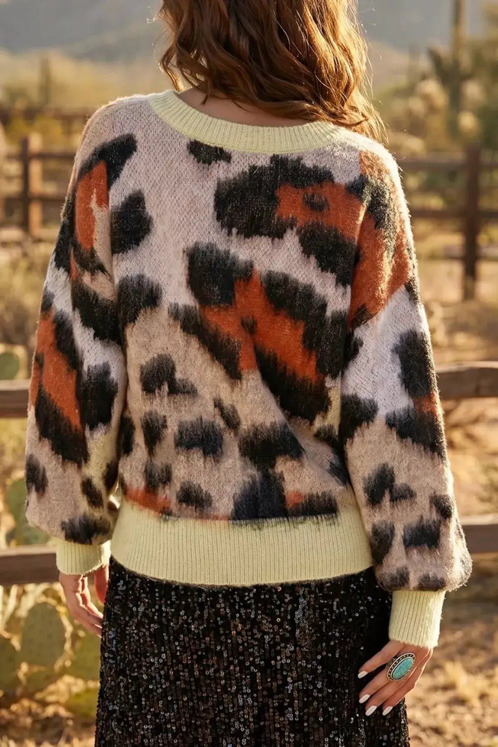 Leopard Print Drop Shoulder Long Sleeve Round Neck Sweater - Bitsy Gypsy Boutique
