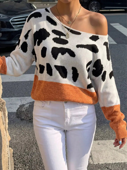 Leopard Print One Shoulder Long Sleeve Sweater - Bitsy Gypsy Boutique