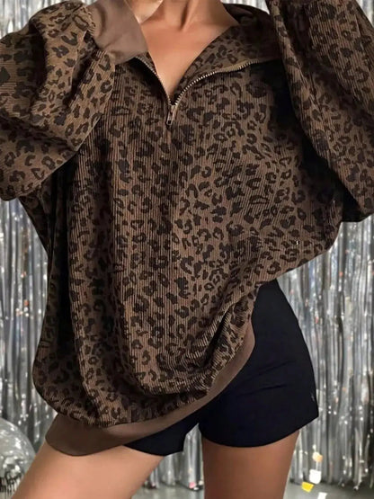 Leopard Print Quarter-Zip Sweatshirt - Bitsy Gypsy Boutique