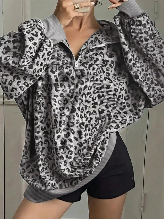Leopard Print Quarter-Zip Sweatshirt - Bitsy Gypsy Boutique