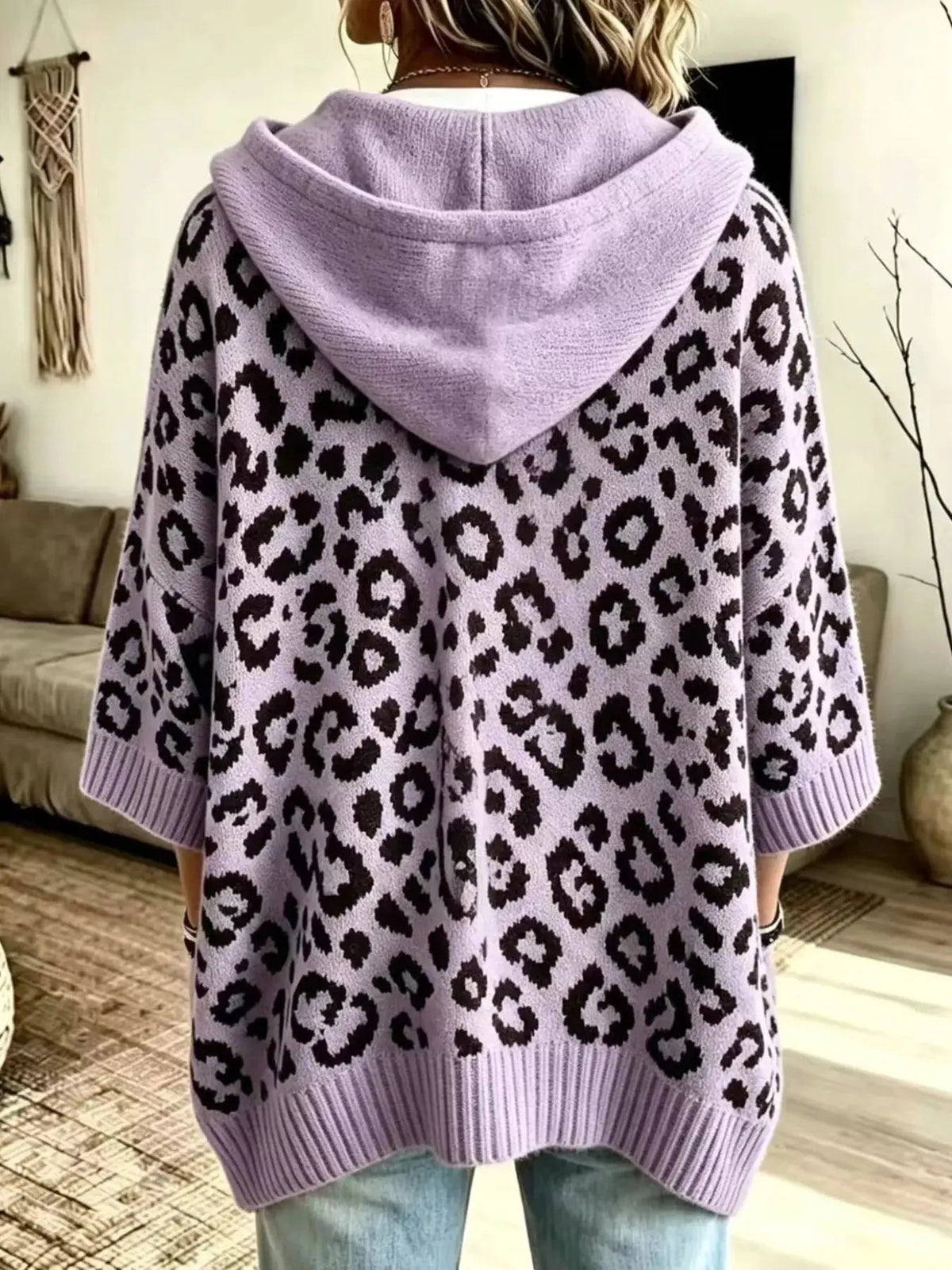 Leopard Print Ribbed Drawstring Hooded Sweater - Bitsy Gypsy Boutique