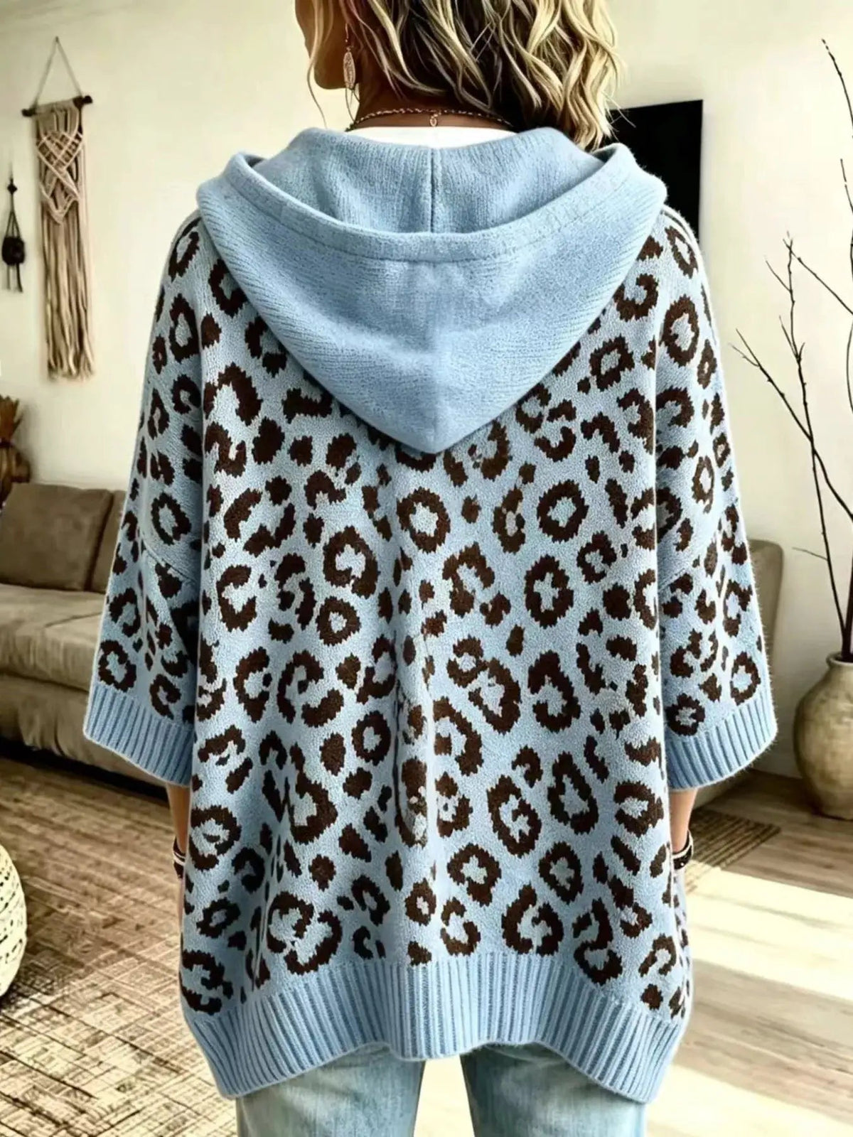 Leopard Print Ribbed Drawstring Hooded Sweater - Bitsy Gypsy Boutique