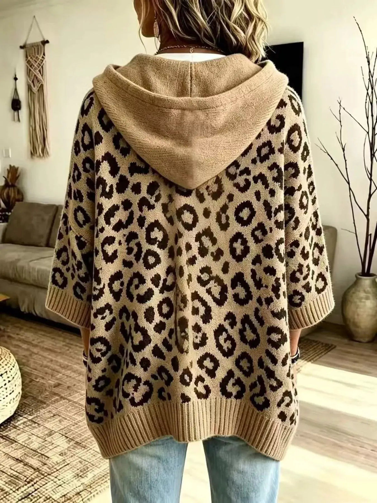 Leopard Print Ribbed Drawstring Hooded Sweater - Bitsy Gypsy Boutique
