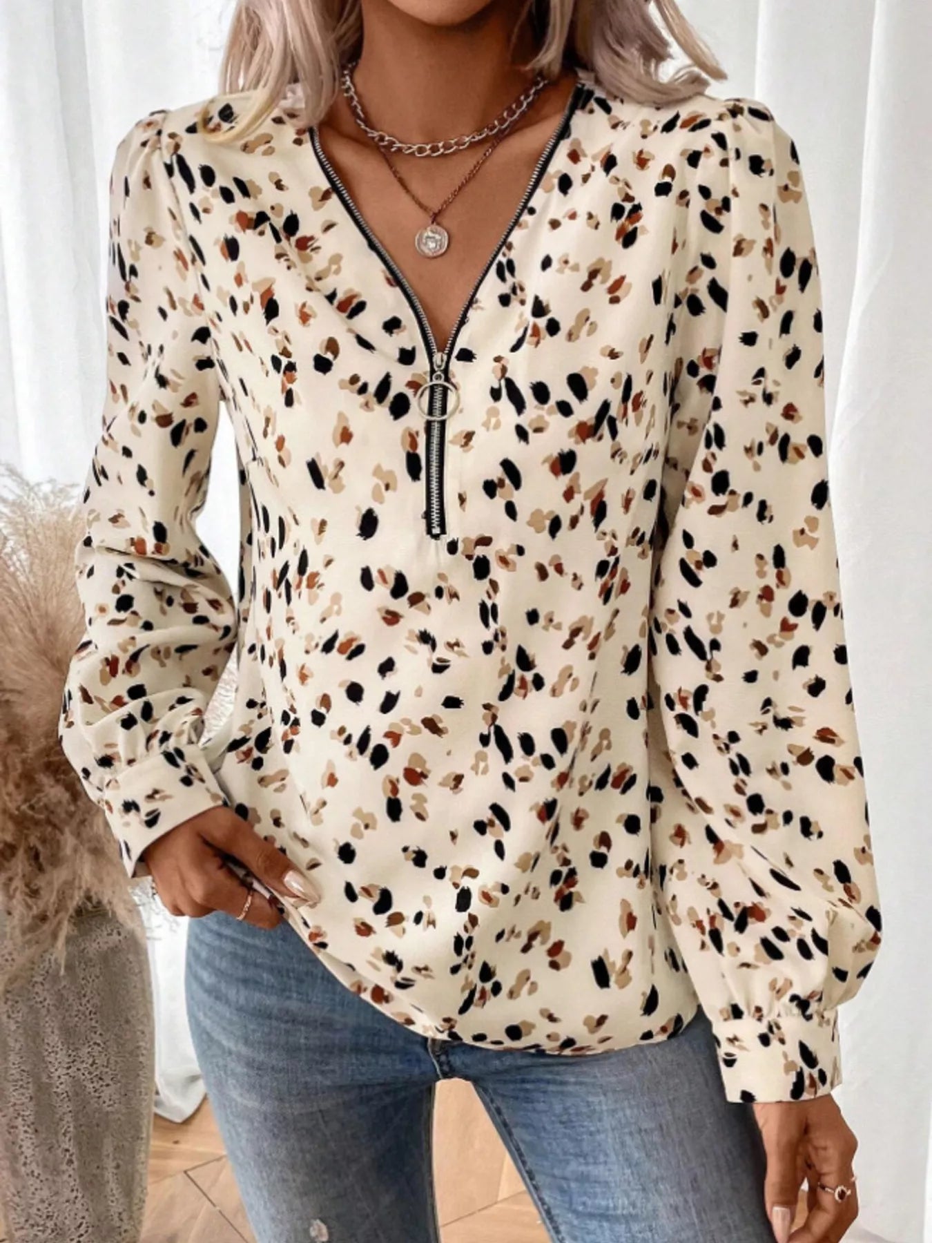 Leopard Print Zipper V-Neck Blouse - Bitsy Gypsy Boutique