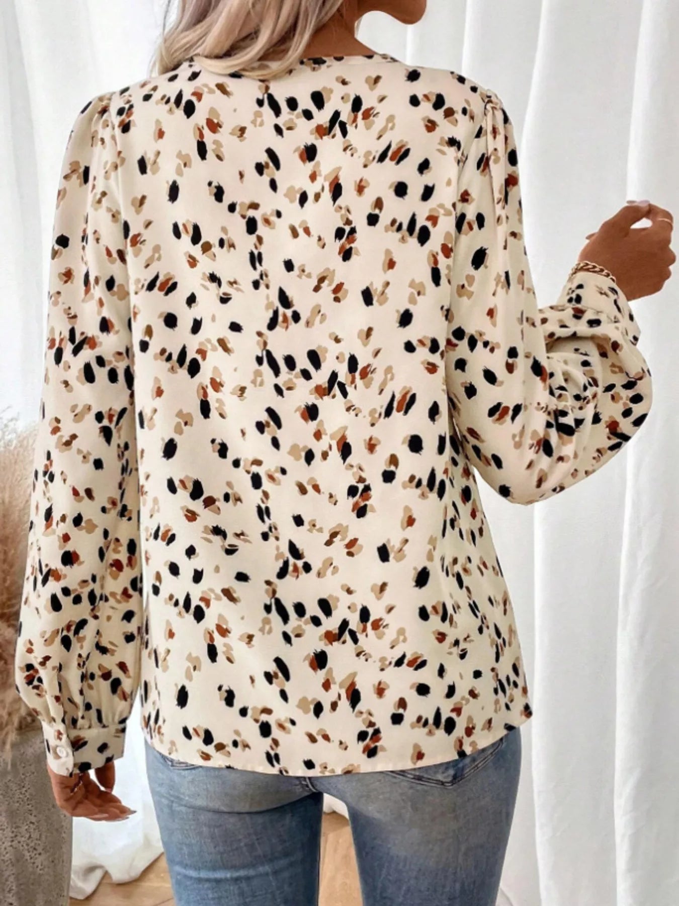 Leopard Print Zipper V-Neck Blouse - Bitsy Gypsy Boutique