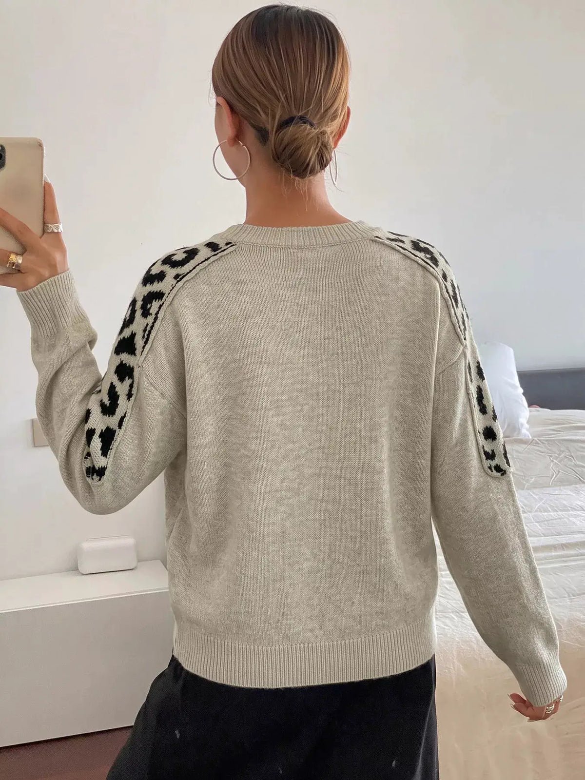Leopard Round Neck Sweater by Trendsi