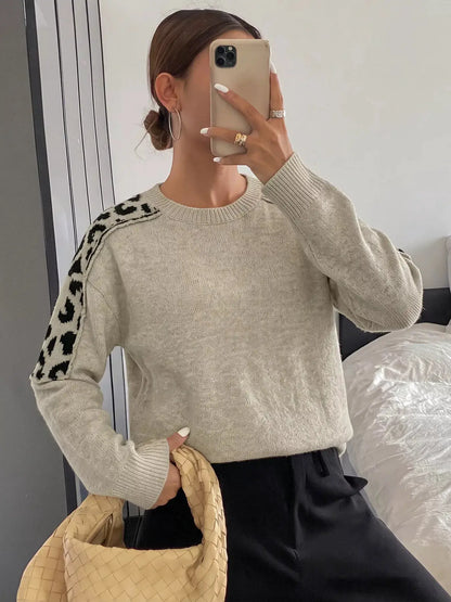 Leopard Round Neck Sweater by Trendsi
