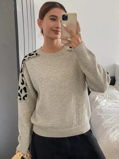Leopard Round Neck Sweater by Trendsi