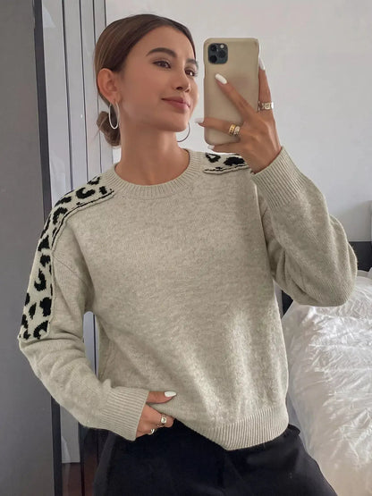 Leopard Round Neck Sweater by Trendsi