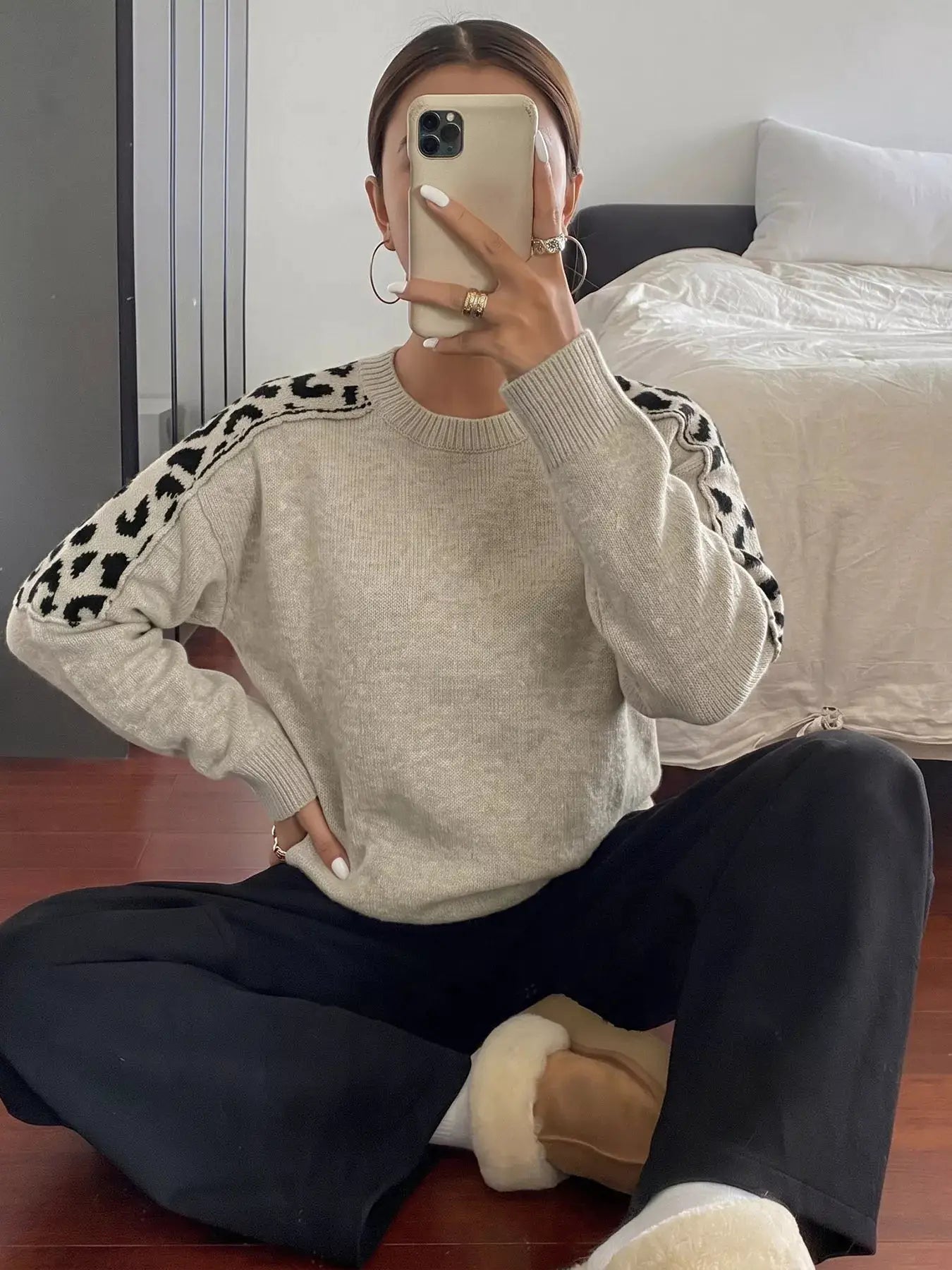 Leopard Round Neck Sweater by Trendsi