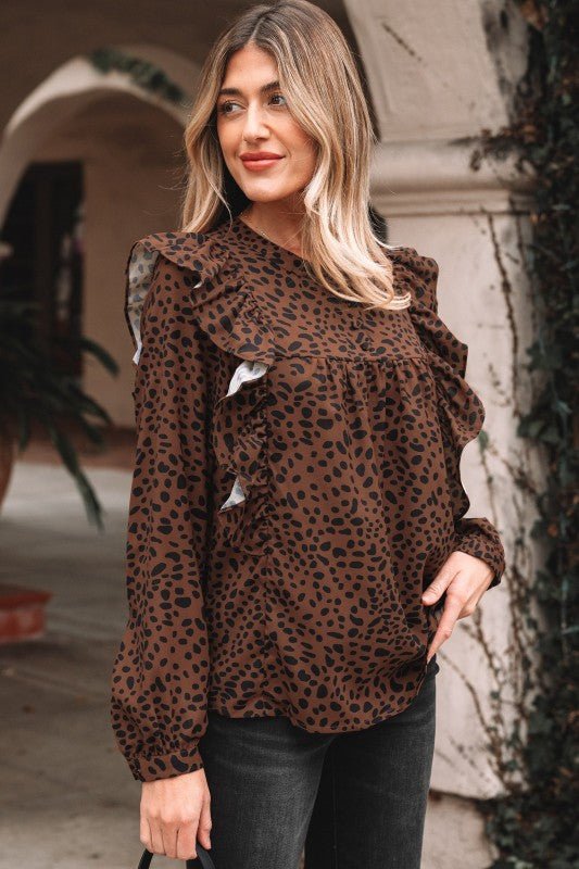 Leopard Ruffle Puff Sleeve Blouse - Bitsy Gypsy Boutique