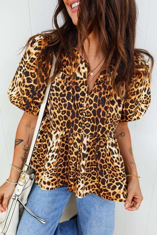 Leopard Short Puff Sleeve Babydoll Top - Bitsy Gypsy Boutique