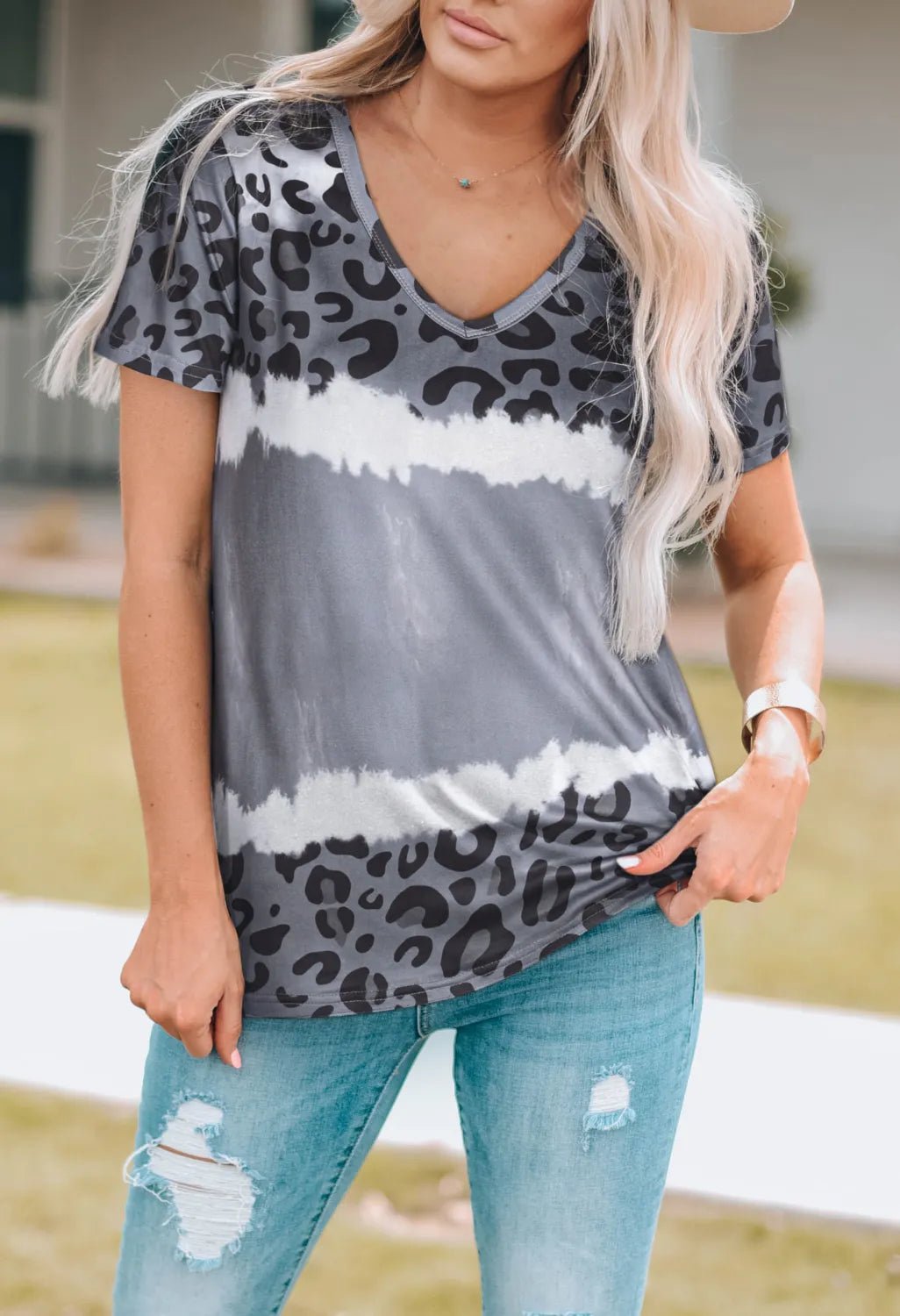 Leopard V - Neck Short Sleeve T-Shirt - Bitsy Gypsy Boutique