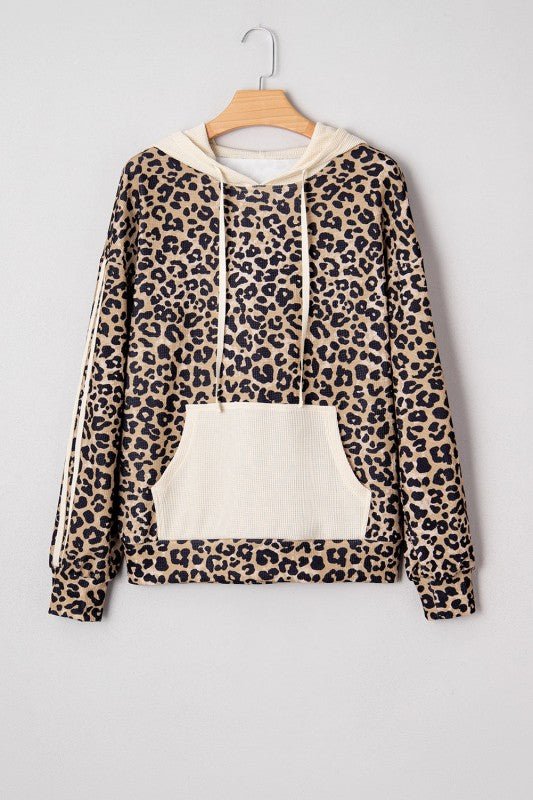 Leopard Waffle Knit Kangaroo Pocket Hooded Sweatsh - Bitsy Gypsy Boutique