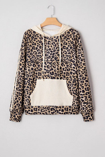 Leopard Waffle Knit Kangaroo Pocket Hooded Sweatsh - Bitsy Gypsy Boutique
