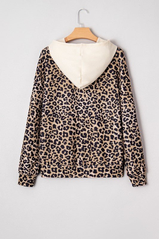 Leopard Waffle Knit Kangaroo Pocket Hooded Sweatsh - Bitsy Gypsy Boutique