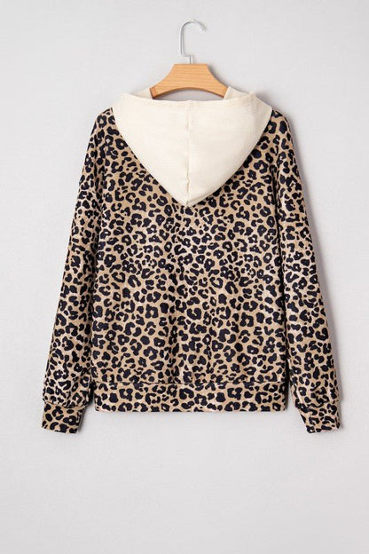 Leopard Waffle Knit Kangaroo Pocket Hooded Sweatsh - Bitsy Gypsy Boutique