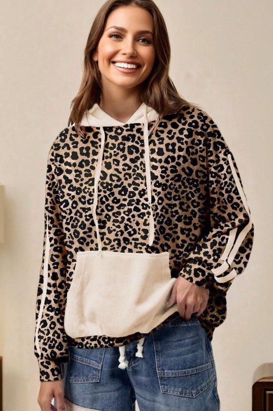Leopard Waffle Knit Kangaroo Pocket Hooded Sweatsh - Bitsy Gypsy Boutique