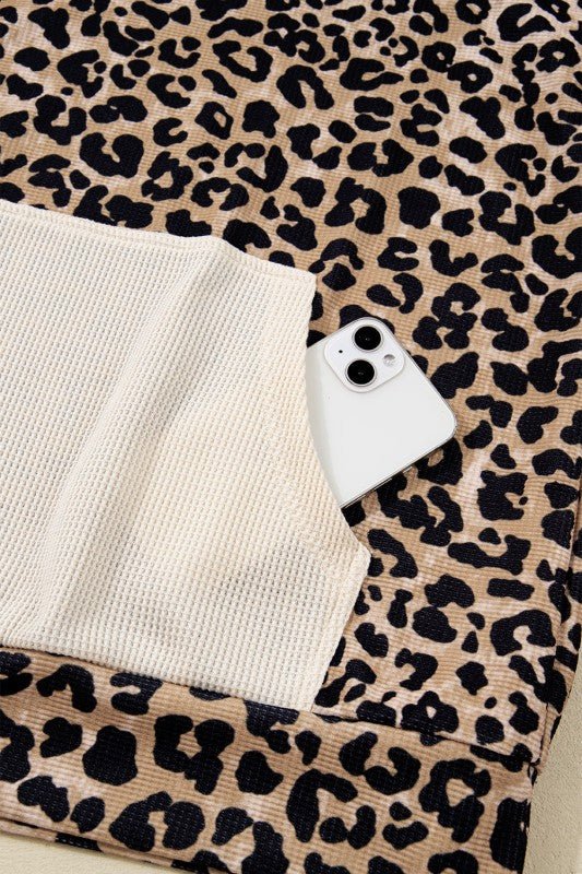 Leopard Waffle Knit Kangaroo Pocket Hooded Sweatsh - Bitsy Gypsy Boutique