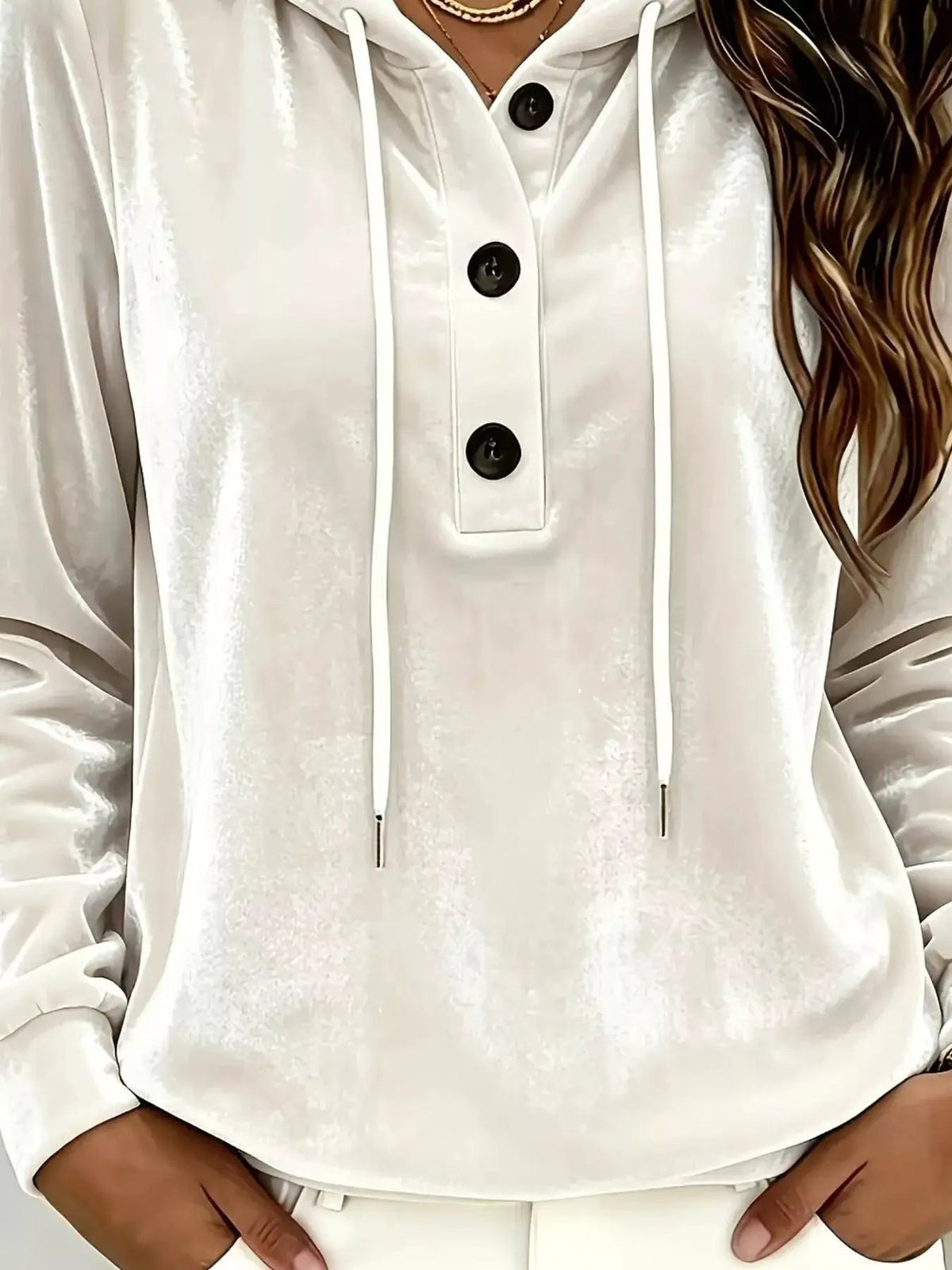 Light Blue Button Detail Drawstring Hoodie - Bitsy Gypsy Boutique