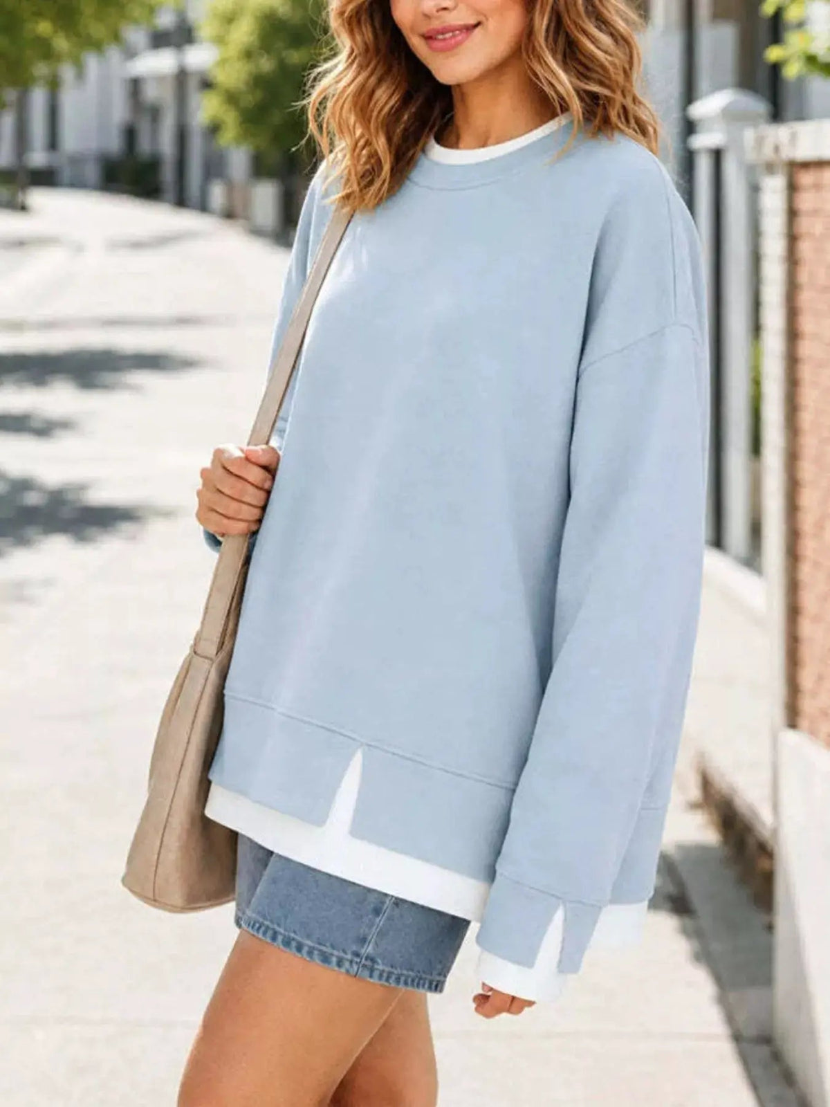 Light Blue Contrast Ribbed Trim Crewneck Sweatshirt - Bitsy Gypsy Boutique