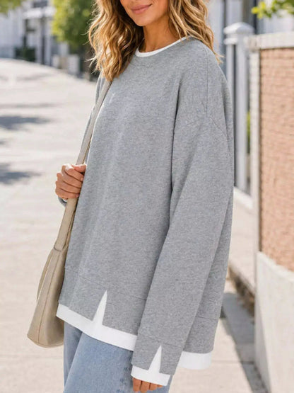 Light Blue Contrast Ribbed Trim Crewneck Sweatshirt - Bitsy Gypsy Boutique