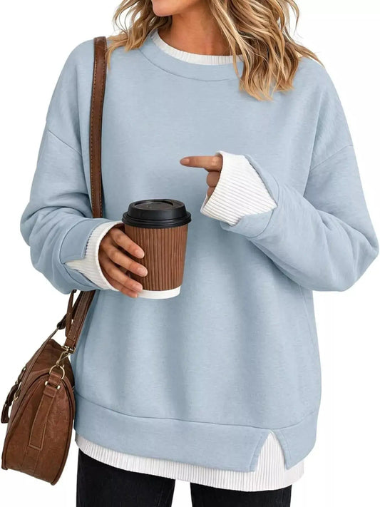 Light Blue Contrast Ribbed Trim Crewneck Sweatshirt - Bitsy Gypsy Boutique