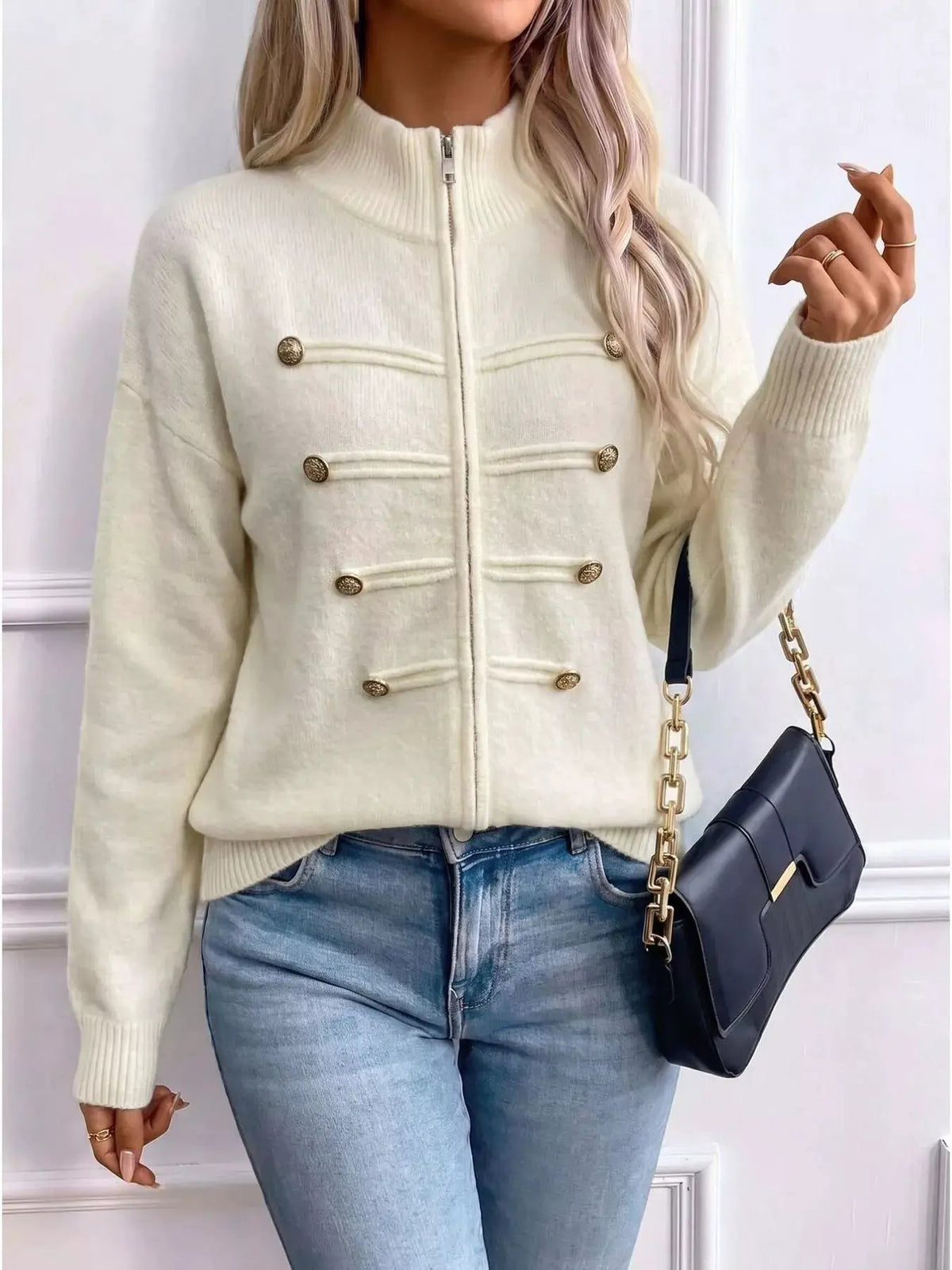 Light Blue Decorative Button Long Sleeve Zip Cardigan - Bitsy Gypsy Boutique