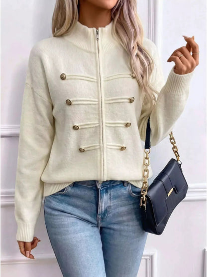 Light Blue Decorative Button Long Sleeve Zip Cardigan - Bitsy Gypsy Boutique