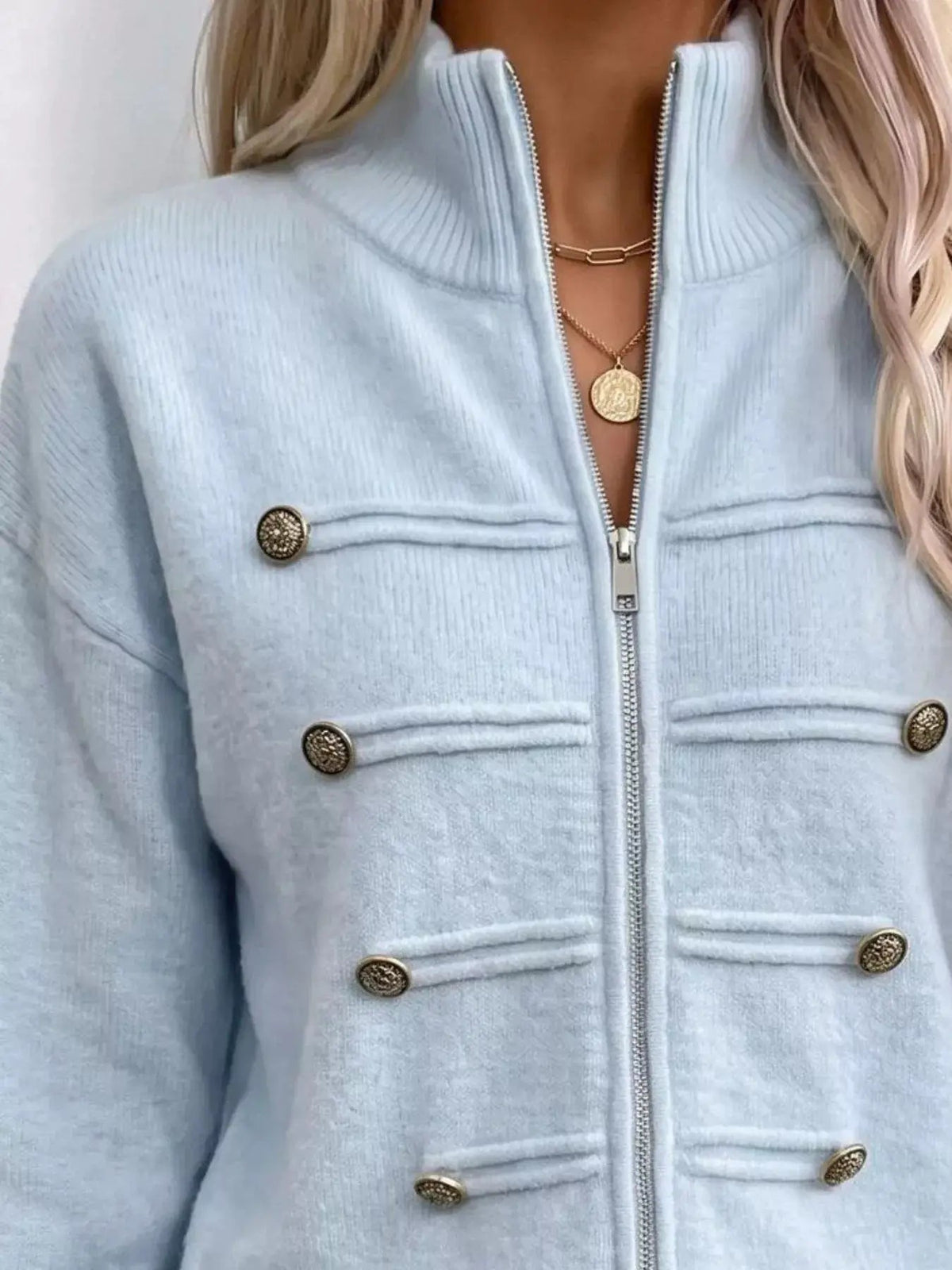 Light Blue Decorative Button Long Sleeve Zip Cardigan - Bitsy Gypsy Boutique