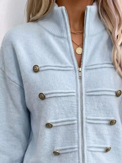 Light Blue Decorative Button Long Sleeve Zip Cardigan - Bitsy Gypsy Boutique