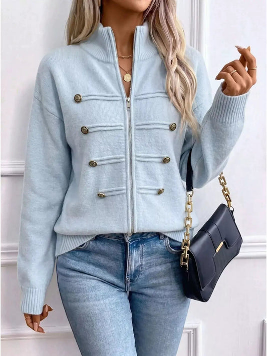 Light Blue Decorative Button Long Sleeve Zip Cardigan - Bitsy Gypsy Boutique