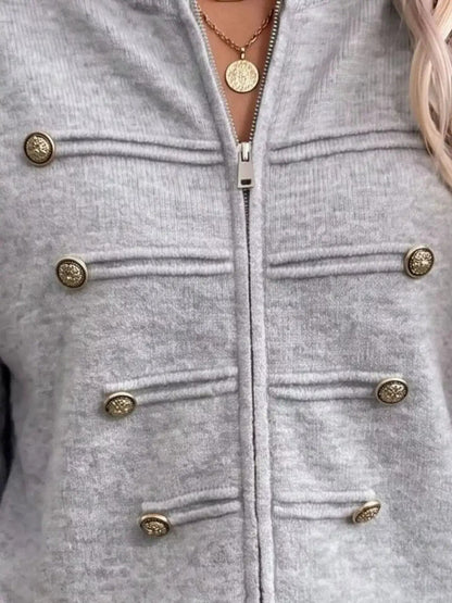 Light Blue Decorative Button Long Sleeve Zip Cardigan - Bitsy Gypsy Boutique